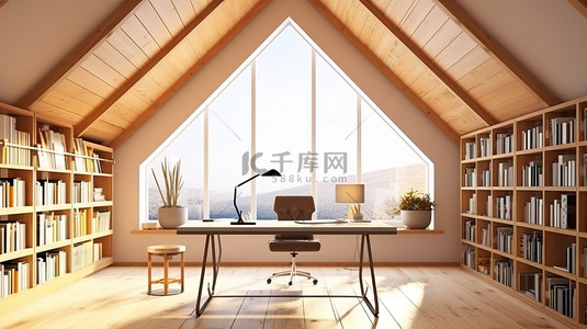 阁楼内的现代工作空间设有木制书桌书柜和采用 3D 渲染创建的双窗