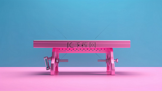 家装背景蓝色背景图片_3D 创建的双色调版粉红色金属工作台，位于凉爽的蓝色背景上