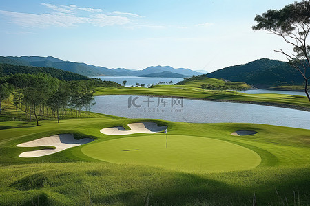 城背景图片_以草和水为背景的高尔夫球场