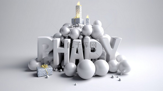 干净背景上粗体白色“生日快乐”文本的 3D 插图渲染
