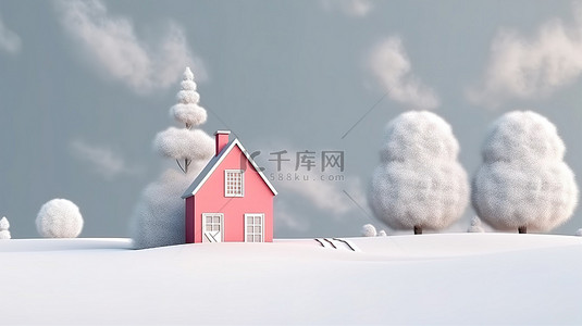 带有房屋和树木的节日场景，辅以新年的简单抽象背景，具有以 3D 渲染的充足复制空间