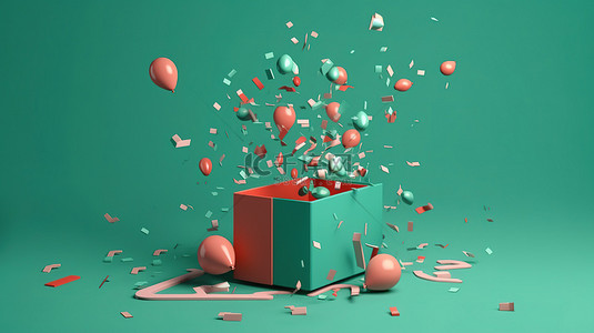 用绿色背景上的气球和五彩纸屑 3D 渲染来庆祝爆炸性的生日惊喜