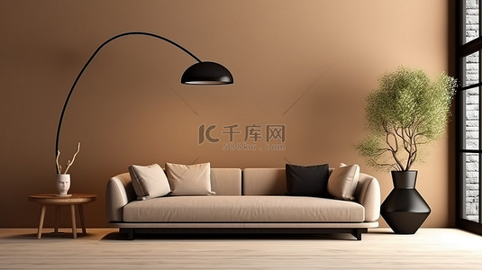 黑沙背景图片_别致的生活空间，配有米色墙壁时尚的棕色沙发和时尚的黑光 3D 渲染