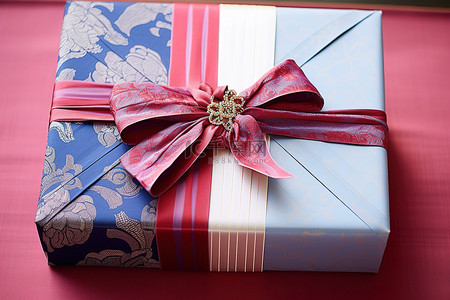 一个盒子，上面有红色和蓝色的纸，上面有蝴蝶结