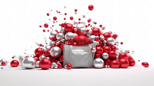 圣诞背景背景图片_3D 渲染的圣诞礼品袋，白色背景下装满红色礼物