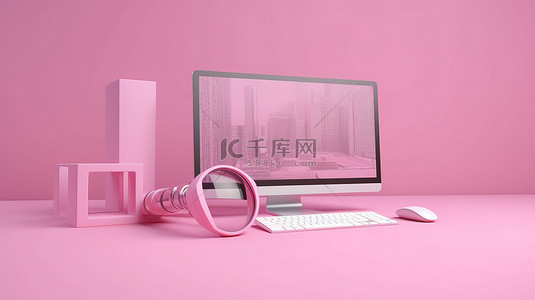 最小的视频播放器界面，在粉红色背景上带有搜索栏 3d 渲染插图，用于网页浏览和数据搜索概念