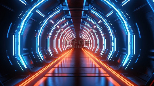 科技光科技蓝背景图片_科幻走廊霓虹灯 3D 渲染照亮的未来派建筑杰作