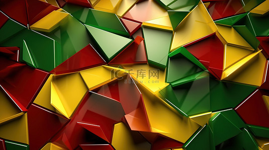 红绿黄彩色多边形背景的 3D 渲染