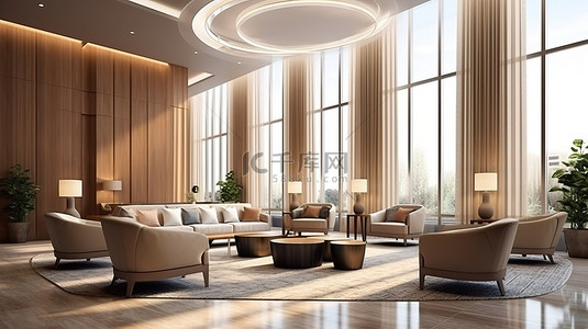 现代酒店大堂配有豪华沙发和 3D 渲染的设计师扶手椅