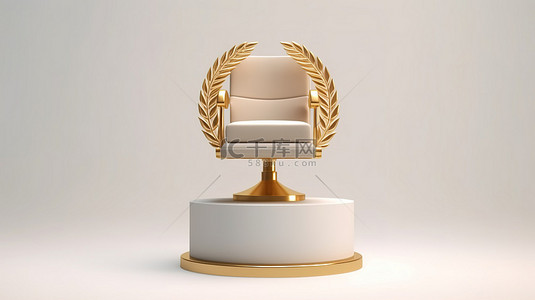 金色花环装饰在底座上的立方体奖，老板椅在白色背景上以 3D 渲染