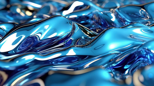 水彩漸變背景图片_蓝色抽象液体或玻璃背景 3D 插图上令人惊叹的金属闪光反射