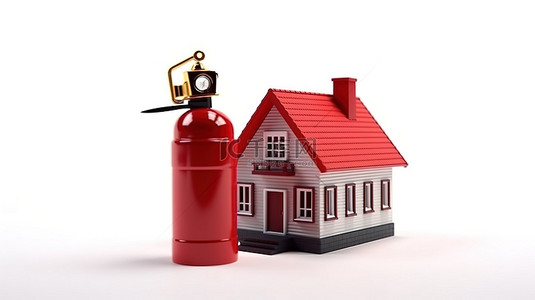 易燃易爆标志背景图片_确保您的房屋免受白色背景房屋旁边的火红色灭火器的影响3D 渲染
