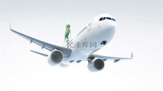 全球旅行的概念一架白色喷气式客机在白色背景 3D 渲染中在地球附近翱翔