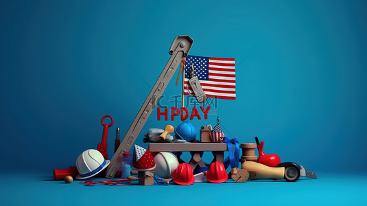 蓝色背景上的建筑工具和日历的 3D 渲染，代表美国劳动节的庆祝精神