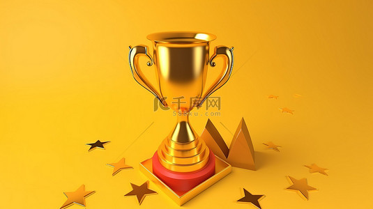冠军奖杯金色 3D 杯子，饰有卡通风格概念 3D 插图中的星形图标