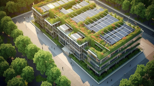 住宅区与花园和太阳能电池板交织在一起，令人惊叹的 3D 建筑渲染图