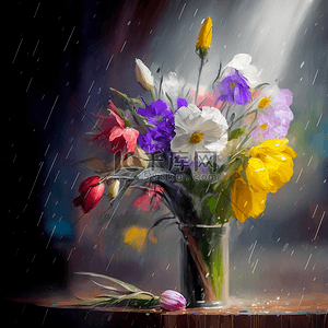 花朵雨滴雨中的花束油画花卉背景