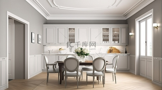 风格优雅的 postel 彩色厨房和餐厅，配有白色家具和内置电器 3D 渲染