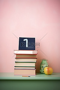 英语海报背景图片_黑板前有数字 1 和 abc 的书的顶部和一张海报