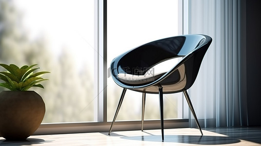 设计师背景图片_现代室内设计，窗边有设计师黑色椅子，增强了景深 3D 渲染