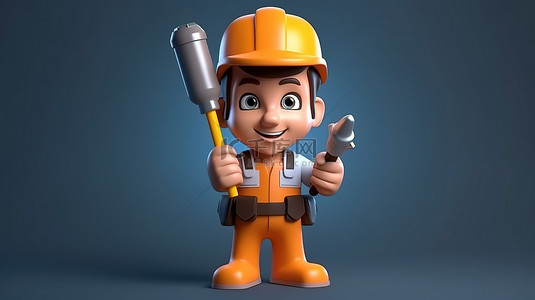 服务人员背景图片_拿着大螺丝刀的电工建筑商的 3D 卡通风格插图