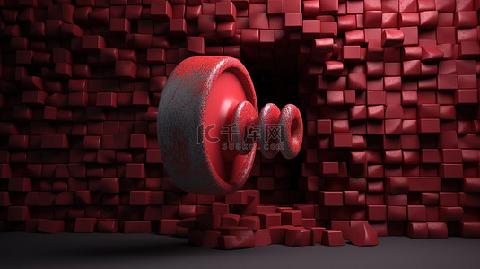 红色哑铃从黑墙上的裂缝中爆发的 3D 插图
