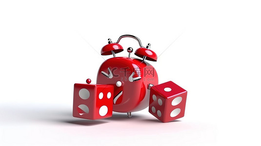 游戏背景图片_吉祥物闹钟在 3D 渲染的白色背景上与红色游戏骰子立方体一起翱翔