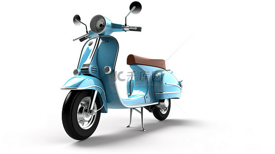 干净的白色表面 3D 渲染上的当代城市风格蓝色摩托车
