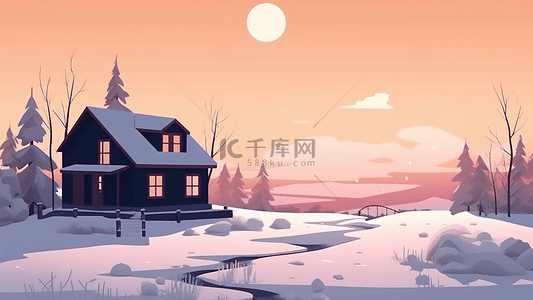 冬天晚霞风景插图