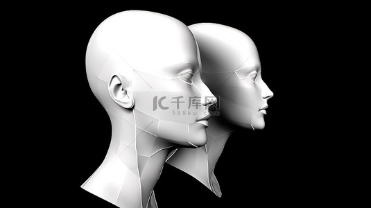 模特男背景图片_黑色背景上空白白色女性头部侧面和前视图的孤立 3D 插图