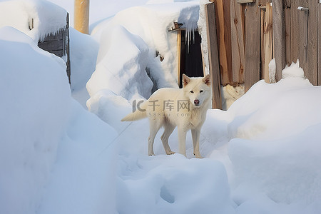 一只狗站在建筑物后面的雪中