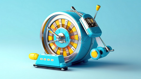 桌牌背景图片_浅蓝色背景下的 3D 老虎机和轮盘赌轮，带有黄蓝色和白色调色板