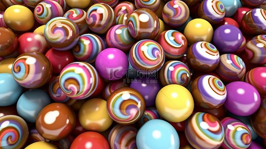 充满活力的糖果设计顶视图各种彩色巧克力的 3D 插图