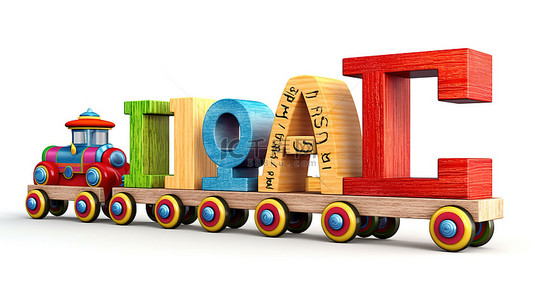 白色背景下安装在玩具火车上的字母学习块的 3D 渲染