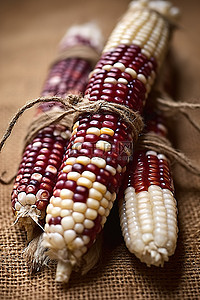 几片玉米的特写，沿其长度用粗麻布绑着