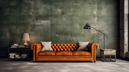工业风格的客厅配有真皮沙发和脏兮兮的墙壁 3D 渲染