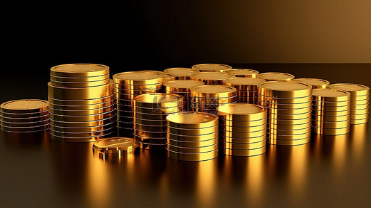 3D 渲染的金币堆栈位于商业图表或条形图之上，象征着创业成功