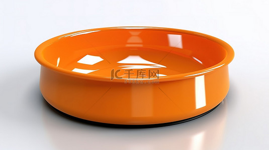 白色背景隔离橙色塑料宠物碗的 3D 插图，用于狗和猫