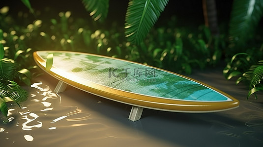 海滩冲浪板背景图片_用充满活力的冲浪板冲浪暑假概念的 3d 渲染