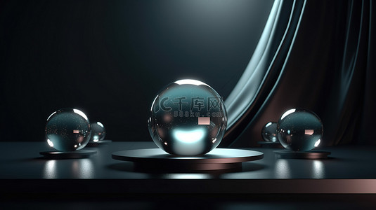 闪闪发光的金属舞台，饰有水晶和玻璃球，是 3D 呈现的抽象奢华产品广告的迷人模板