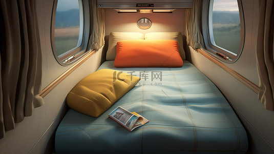 俄罗斯铁路客运车厢的双层床必需品 3D 渲染床垫和枕头套装