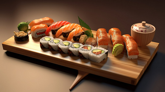 传统日本寿司拼盘的渲染 3D 图像