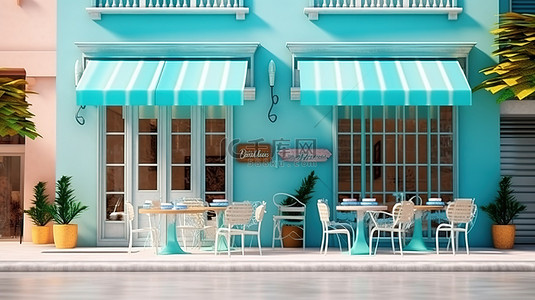 城市街道商店的 3D 渲染，提供餐饮服务和户外座位