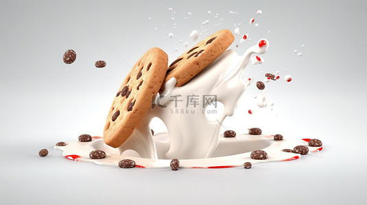 牛奶飞溅和三明治饼干 3D 插图用于饼干包装设计