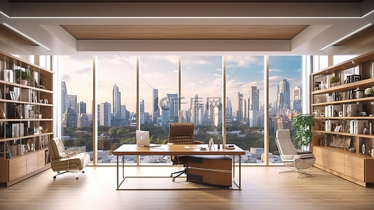 落地背景图片_全景城市景观豪华办公室内部的 3D 渲染，配有高端家具和设备，以实现高效的工作场所概念