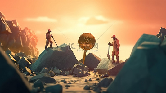 矿工万岁背景图片_男性矿工挥舞镐从崎岖地形 3D 渲染中提取加密货币