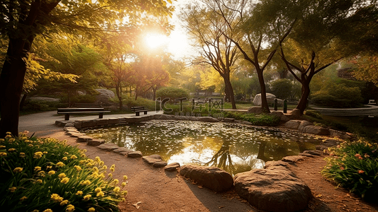 公园池塘长椅背景