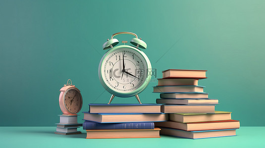 教育logo背景图片_学习时间蓝色背景与 3d 书籍和时钟