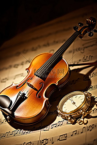 乐谱上有一把带怀表的小提琴