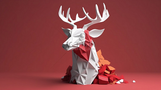 工艺海报设计背景图片_3D 渲染的鹿头，带有节日圣诞老人帽子，采用独特的纸艺和工艺风格
